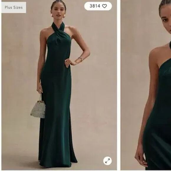 BHLDN Ruby Twist Halter Satin Dark Gown in Green Size 2 New w/o Tag MSRP $248 - Picture 5 of 10